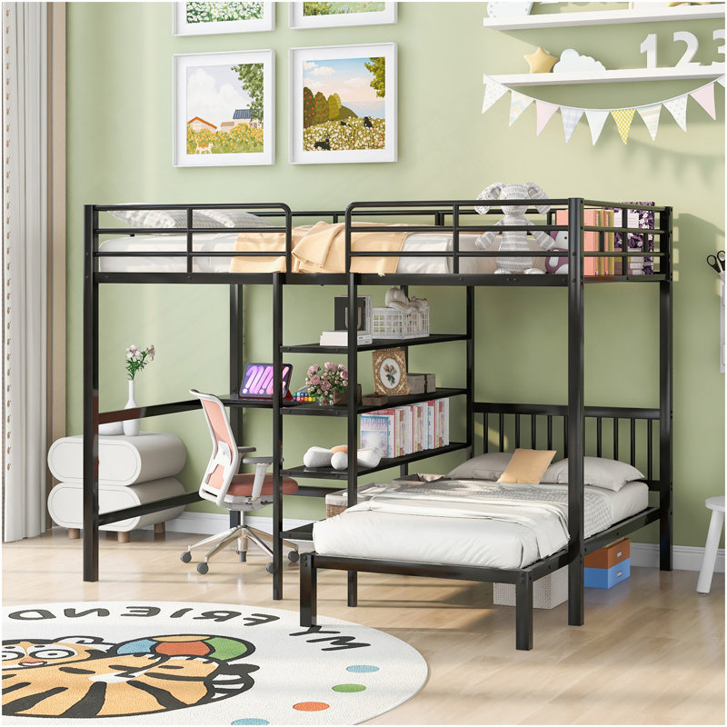 Lit superposé double au-dessus de simple avec bureau intégré, tablettes et échelle, noir