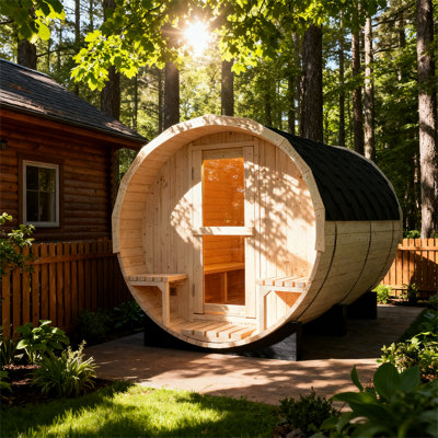 4-6 Person Outdoor Barrel Sauna - Natural White Pine Wood, Weather-Resistant Backyard Steam Room With Built-In Seating