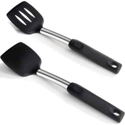 2 Pack Solid & Slotted Silicone Spatula Set, 600F Heat-Resistant No-Melt Handle And Blade, Kitchen Cooking Utensils For Nonstick Cookware, Spatula Turner For Egg,Pancake,Burger- Dishwasher Safe