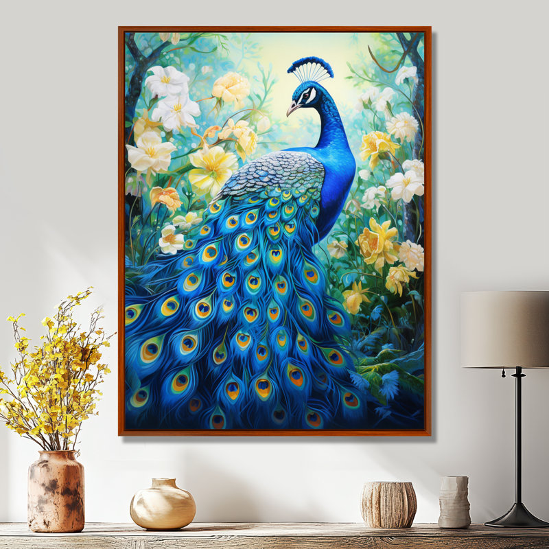 Yunick bleu sarcelle symboliste - art mural paon pour le salon, H 44 po x l 34 po, Cadre flottant brun