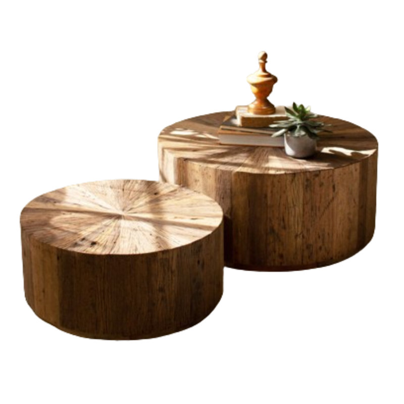 SET OF TWO RECYCLED WOOD ROUND COFFEE TABLES