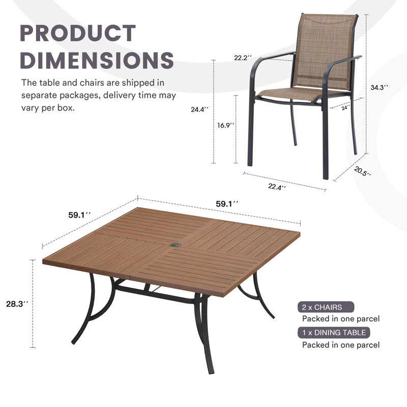 Patio Dining Set with Stackable Textilene Armrest Chairs and 59" Square Dining Table, Brown/Brown