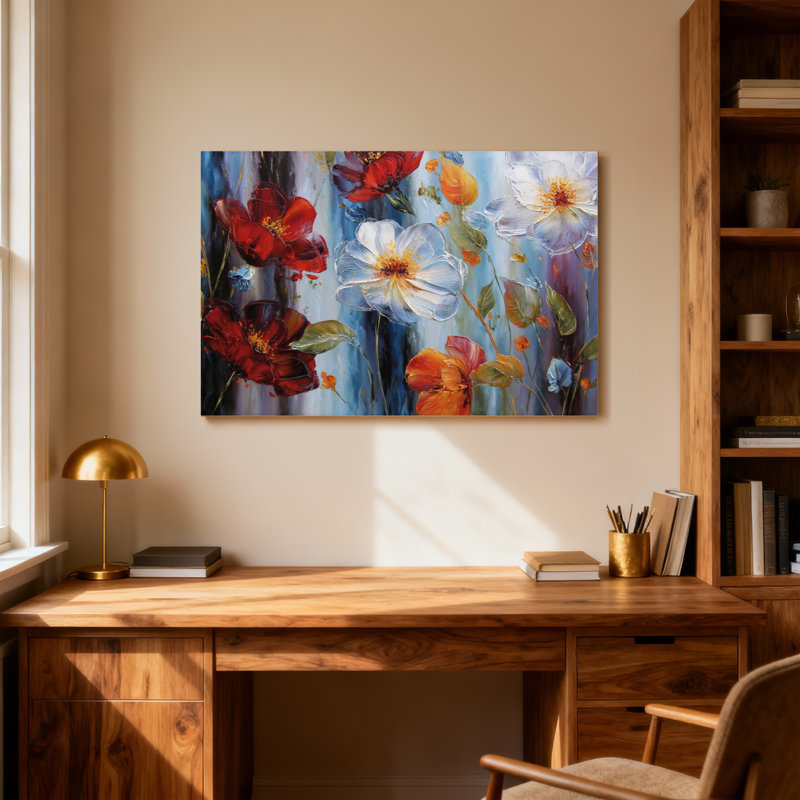 Motif floral de plantes et de fleurs avec des couleurs vives et un fond abstrait, 20" H x 30" W