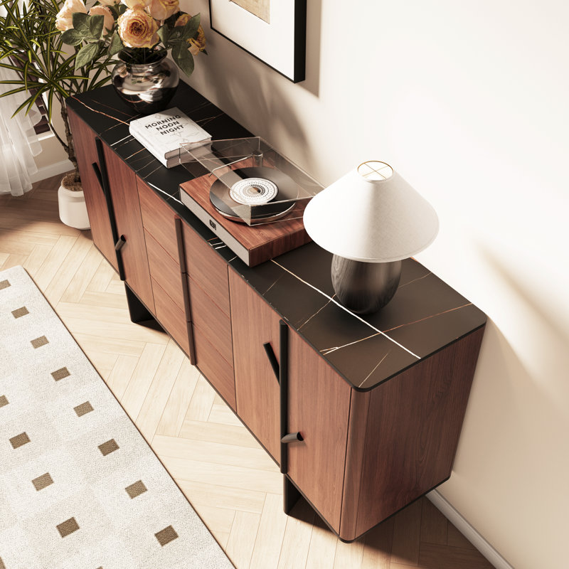 63 Inch Walnut Sintered Stone Storage Sideboard with Drawers