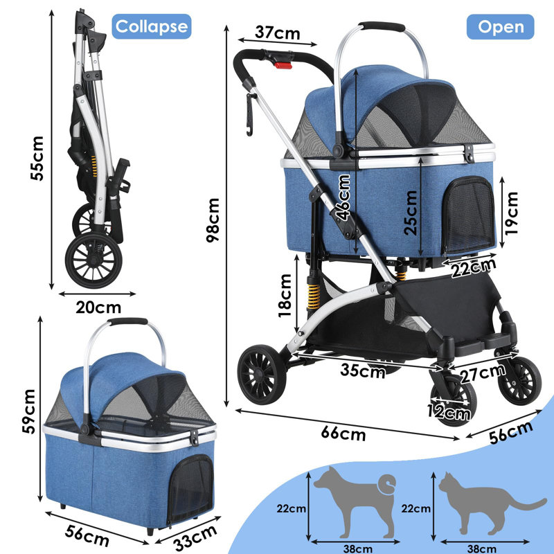 Foldable Pet Stroller, Blue/Silver