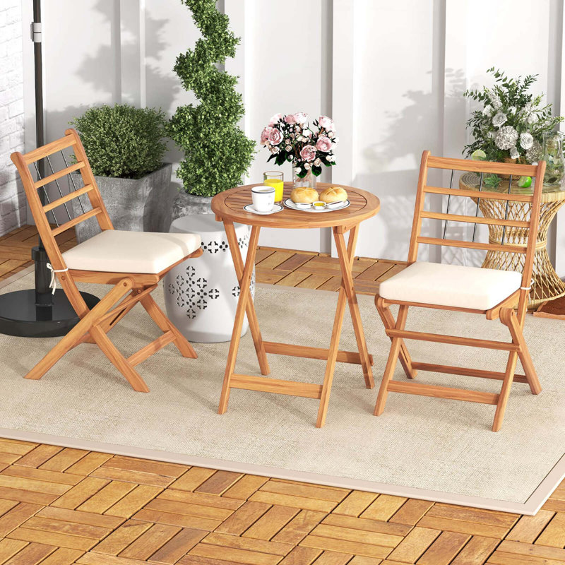 3 Pcs Acacia Wood Patio Bistro Set Folding Outdoor Table And Chairs With Cushions