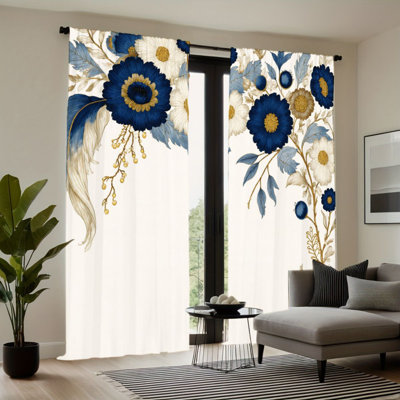 2Pcs rideaux floraux, motif de fleurs dorées bleu marine, passe-tringle soleil bloquant, style moderne, toutes saisons pour le salon
