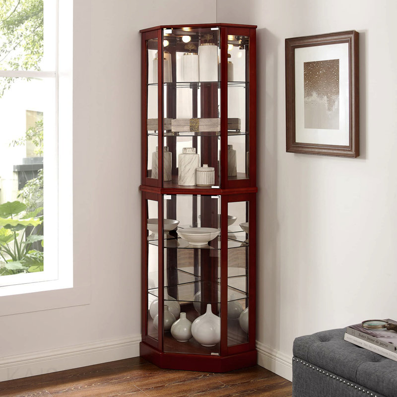 Vitrine de coin à 6 tablettes avec lumières, miroirs et tablettes réglables, cerisier (ampoule E26 non incluse), Cerisier