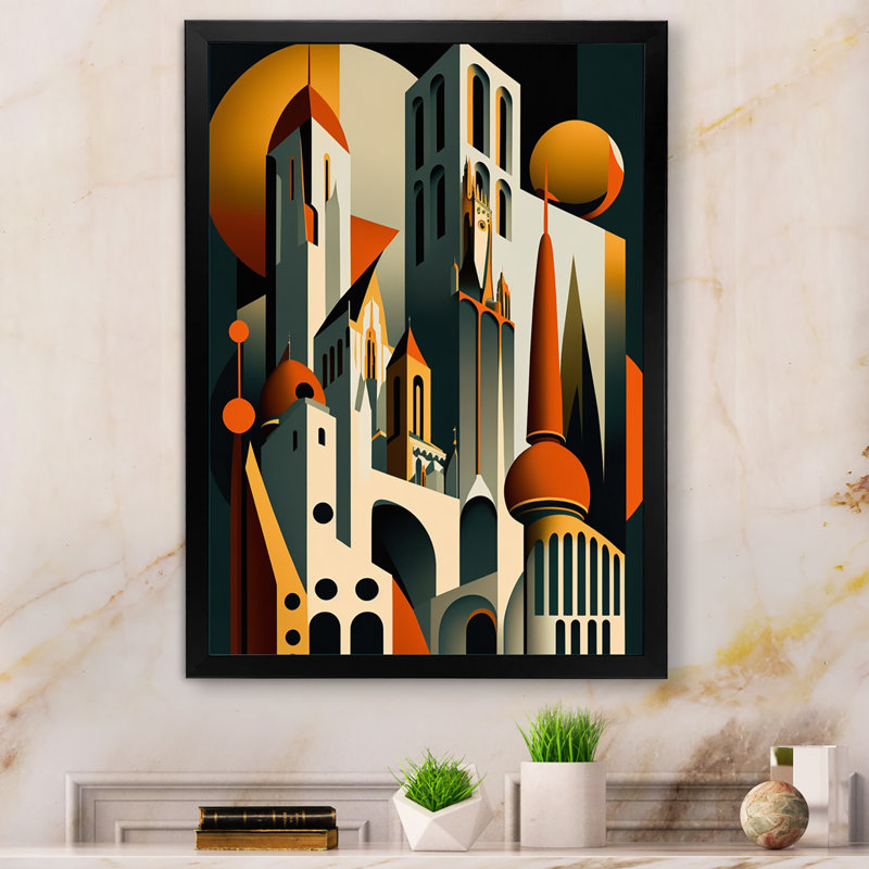 Fantasy Cityscape IV - art mural sur toile Cityscapes, L 16 po x H 32 po, Impression noire sur toile encadrée