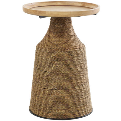 Brown Dried Plant Handmade Wrapped Side End Accent Table with Wood Tabletop