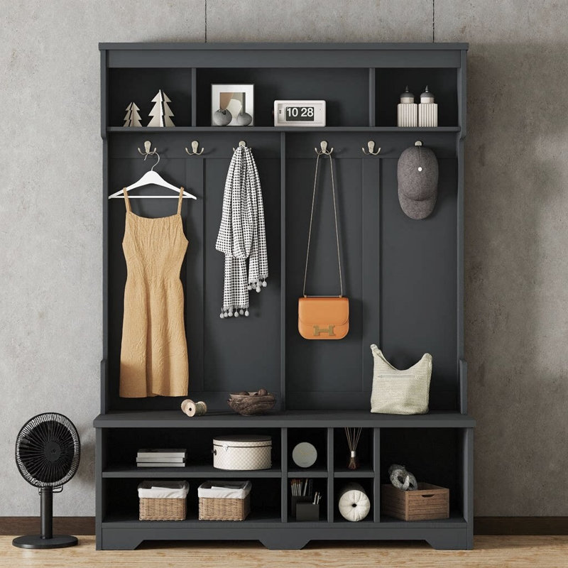 Modern Hallway Hall Tree with Metal Hooks & Storage Bench | Multi-Functional Entryway Coat Rack with Shoe Cubbies | Hall Tree for Living Room, Mudroom, or Entryway | 59.1" W x 77.3" H