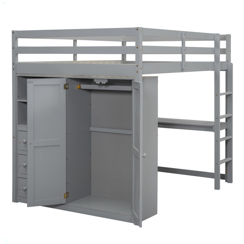 Lit mezzanine double en bois avec garde-robe intégrée, bureau, tablettes de rangement et tiroirs, gris