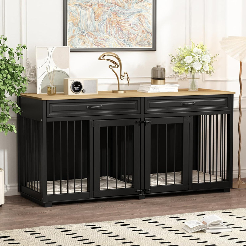 Dog Crate Furniture, 164cm Indoor Wooden Dog Kennel Cage House, Modern Decorative End Table With Double Doors, Drawers, Divider, For Large Medium Breeds