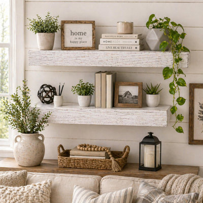 Fenimore Rustic Whitewashed Distressed Floating Wall Shelf