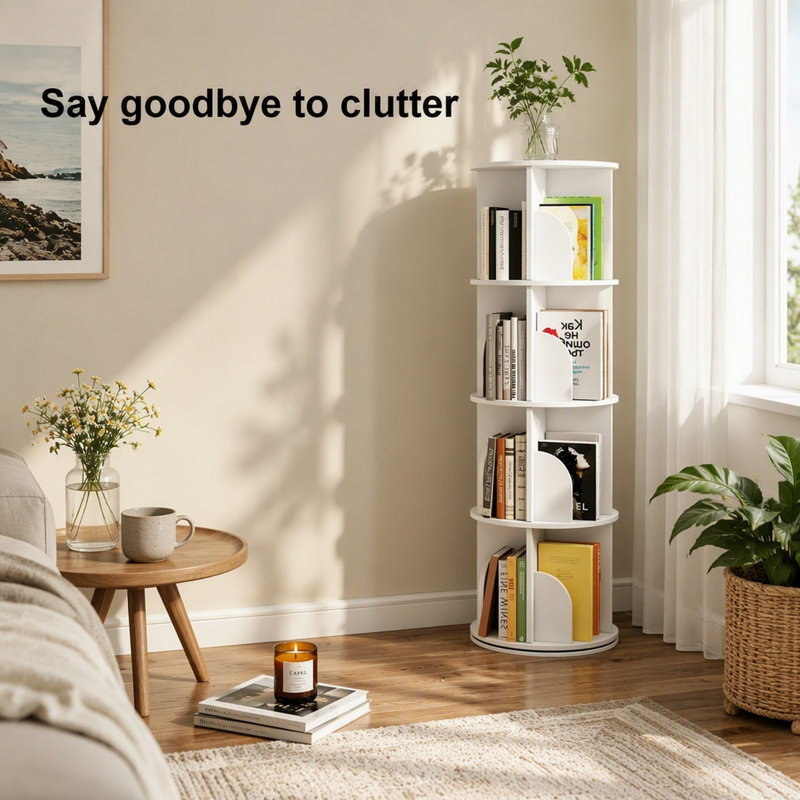 Étagère pivotante à 360°, bibliothèque tournante à 4 niveaux, tablette de rangement en PVC, meuble de rangement sur pied pour petits espaces, chambre