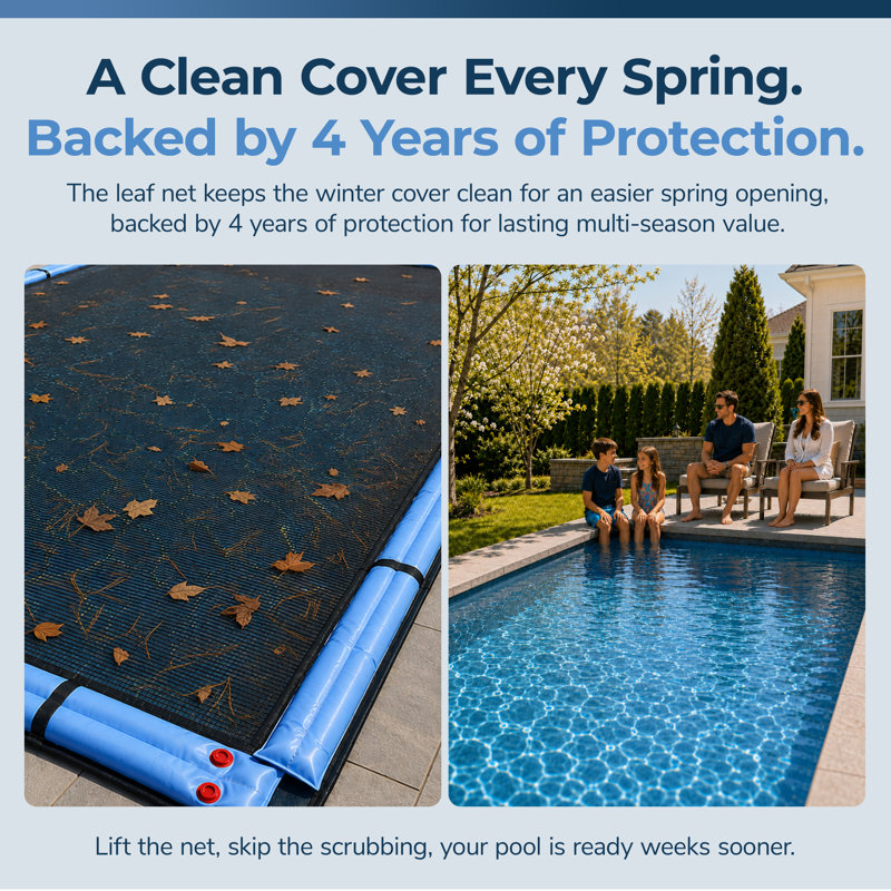 Filet à feuilles rectangulaire Blue Wave Arctic Armor 9 x 15 m pour piscines enterrées, couverture de piscine à mailles fines avec œillets d'angle renforcés, boucles pour tubes d'eau et chevauchement de 1,2 m pour une protection optimale contre les feuilles mortes en automne.