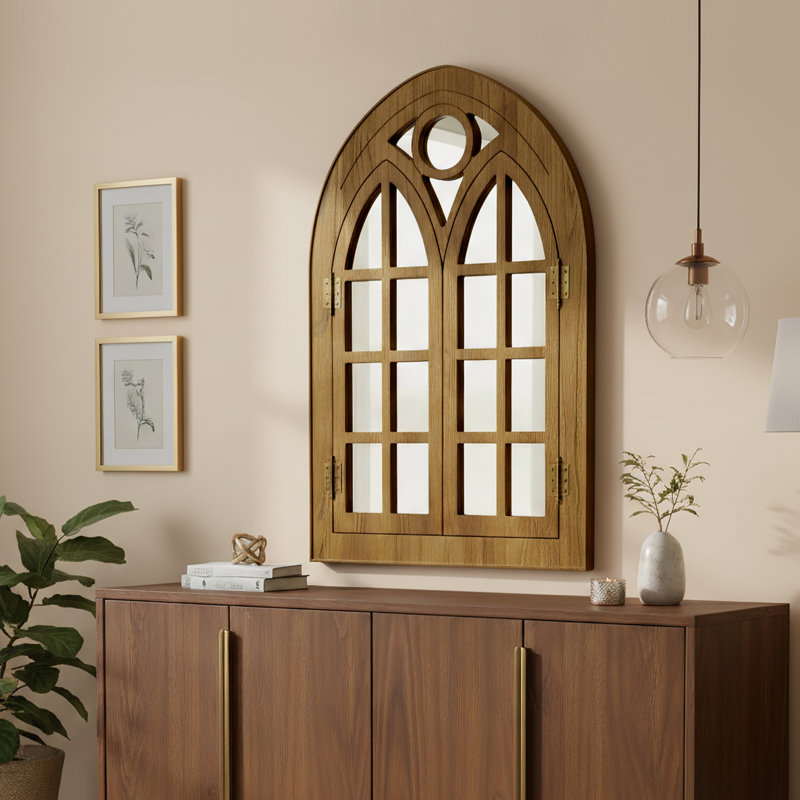 Solid Wood Arched Window Mirror With Opening Doors – Farmhouse Wall Mirror For Bathroom Vanity, Rustic Decorative Mirror