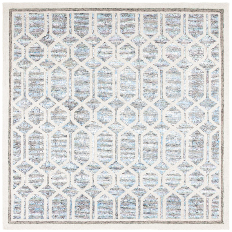 Monhegan Geometric Handmade Tufted Ivory/Blue Area Rug, Square 7'