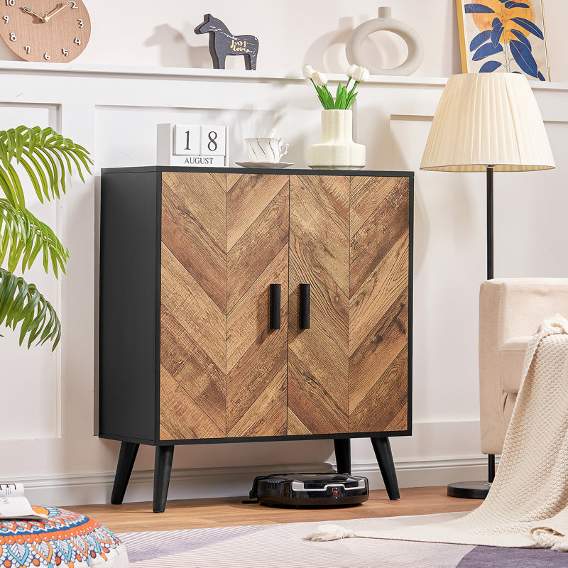 Armoire de rangement Eilonwy Boho avec porte en rotin naturel et tablettes réglables, Brun / noir