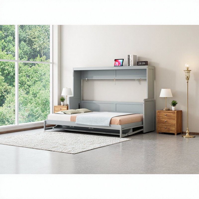 Grand lit escamotable mural avec bureau intégré, Gris