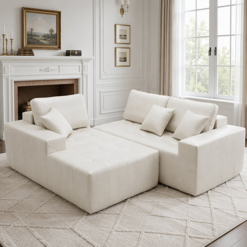 Canapé-lit à compression en L sans assemblage, Similicuir beige - Méridienne gauche, Similicuir beige