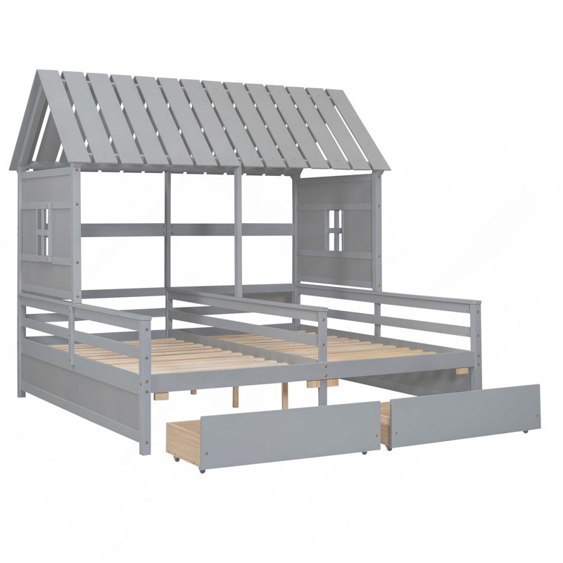 Lit plateforme House avec 2 tiroirs pour lits partagés pour garçon et fille, combinaison de 2 lits simples côte à côte, Grey