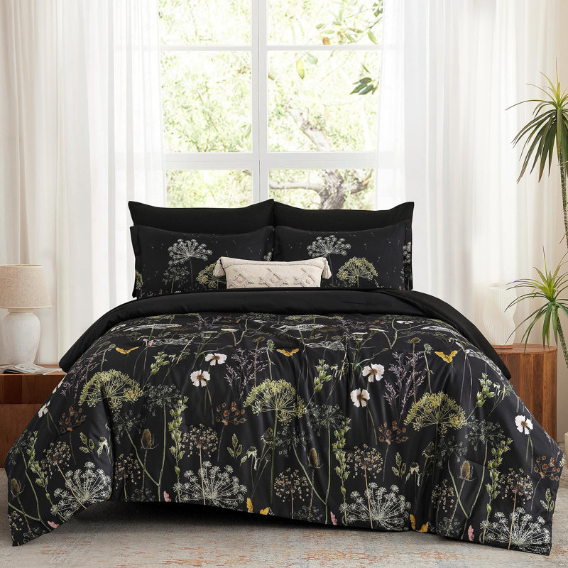 Ensemble d'édredon floral 7 pièces Dandelion, Édredon de très grande taille et 6 pièces suppl, Noir