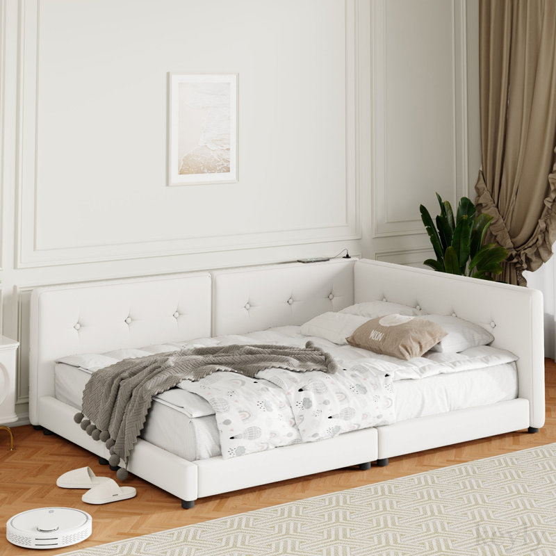Vesna Upholstered Daybed ,Upholstered Platform Bed with USB Ports,Linen+Wood, Queen, White