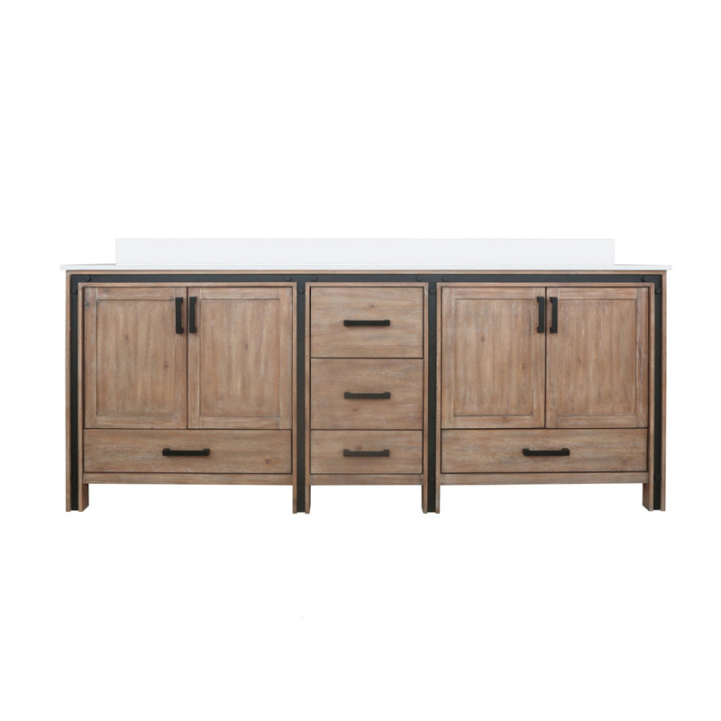 Meuble-lavabo double 84 po Rustwood X P 22 po D, avec plateau en quartz blanc, 84", Bois de grange