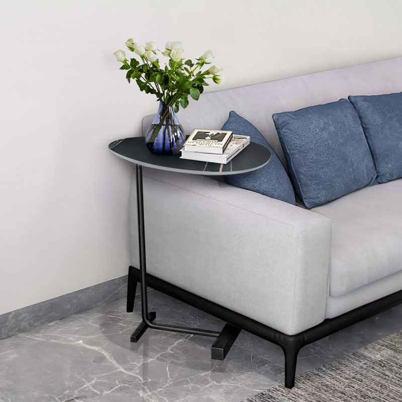 Marble Side Table Under Sofa | Real Sintered Stone Slab | C-Shaped End Table, Black