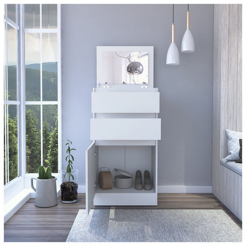 Commode H 43 po, armoire à bijoux, miroir, armoire à porte simple, deux tiroirs, blanc
