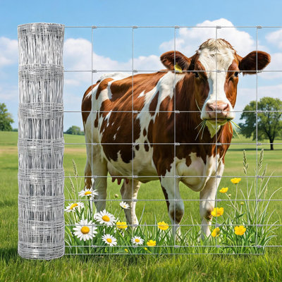 Galvanized Cattle Fence, Fixed Knot Livestock Wire Fence, Heavy Duty Field Fence for Cattle Sheep Pig Deer, Rust Resistant Farm Fence for Pasture Garden.