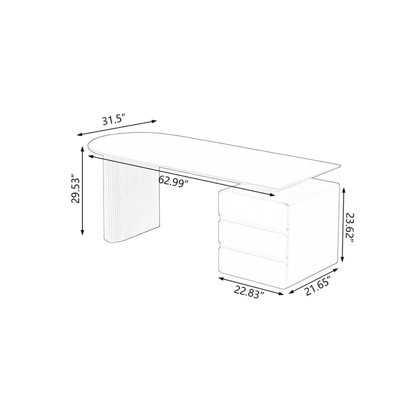 Bureau courbé blanc avec 3 tiroirs, H 29,53 po x l 62,99 po x P 31,5 po