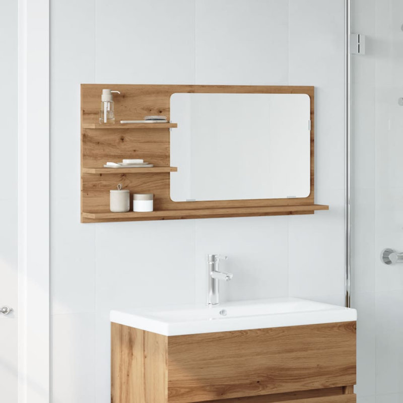 Adji Flat Mirror with Shelves, 45cm x 90cm, Artisan Oak