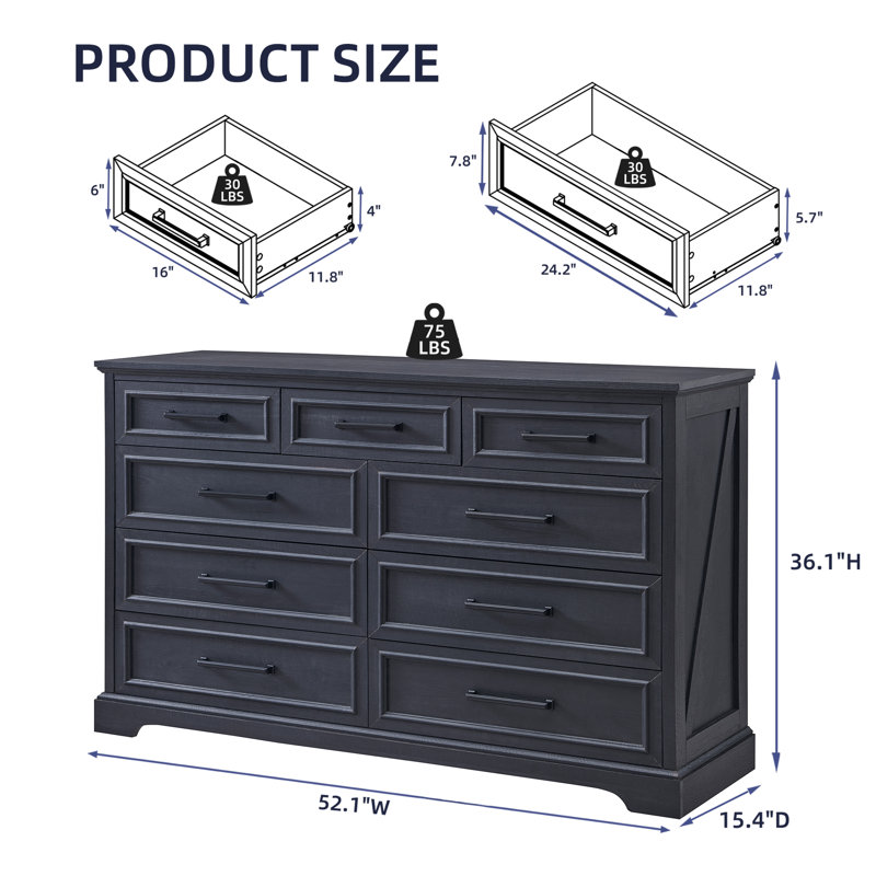 Farmhouse 9 Drawer Dresser, 36" Tall Rustic Wood Chest Of Drawers With Large Drawers & Bar Handles, Black