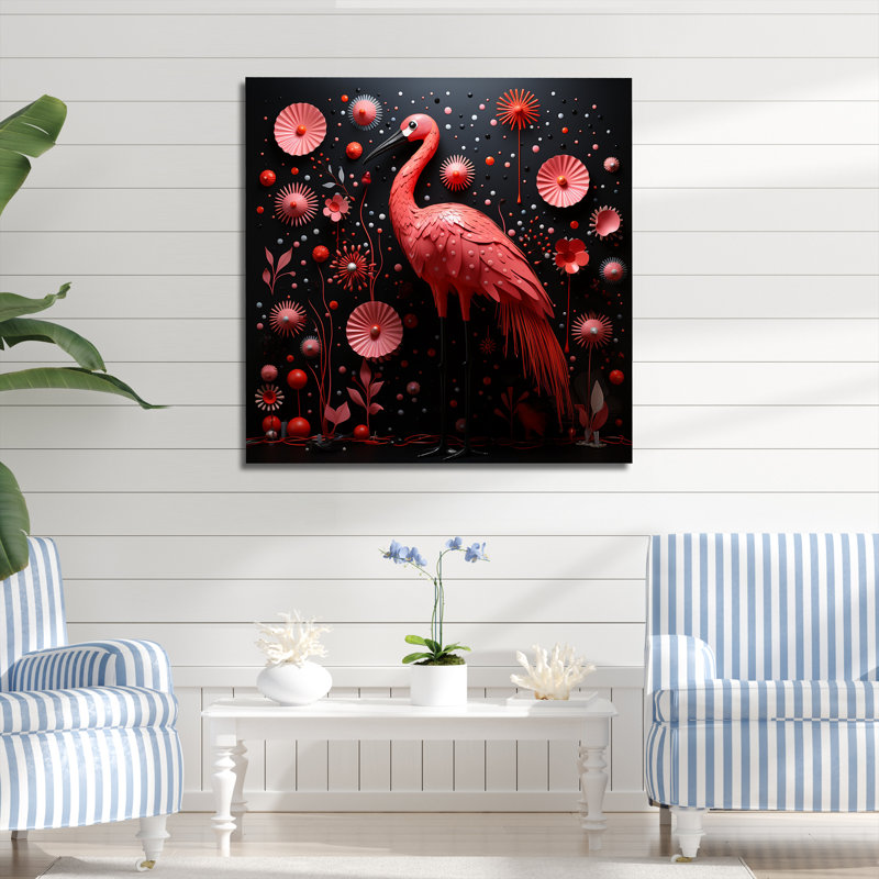 «Ping Pong Plumage Fiasco», art mural animal flamant rose, Toile tendue, H 36 po x l 36 po x P 1,5 po