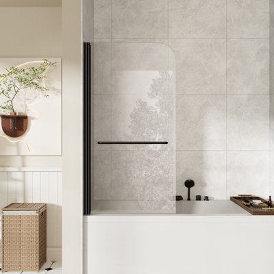 34-34 3/8"W x 58" H Frameless Pivot Tub Door With 1/4" Tempered Glass And Towel Bar, Matte Black