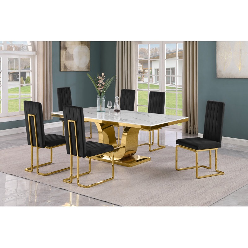 Zamanta Marble Top Pedestal Dining Set, 7, Black/Gold