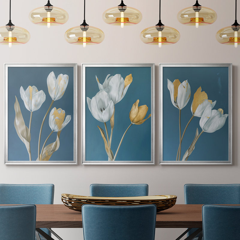 FLORAL Series CL - 3 pièces sur toile tendue avec châssis encadré, H 30 po x l 63 po, Argent argent