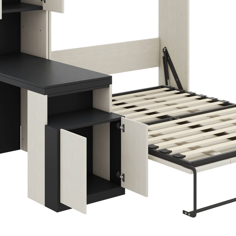 Lit escamotable double avec bureau intégré, tablettes de rangement et armoires pour une utilisation optimale de l'espace
