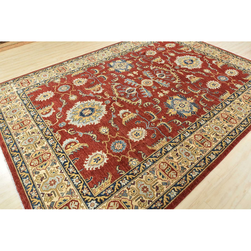 Tapis rouge en laine noué à la main de conception unique 8 pi 10 po x 12 pi 3 po