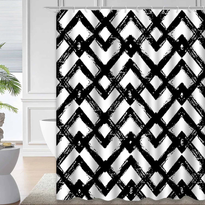 Rideau de douche à encre noire et zigzag avec 12 crochets, L 72 po x l 78 po