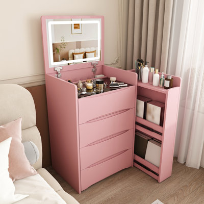 Ensemble de meuble-lavabo à miroir 3 en 1 avec lumières DEL réglables, plateau de rangement et tabouret rembourré - ensemble de chambre à coucher peu encombrant