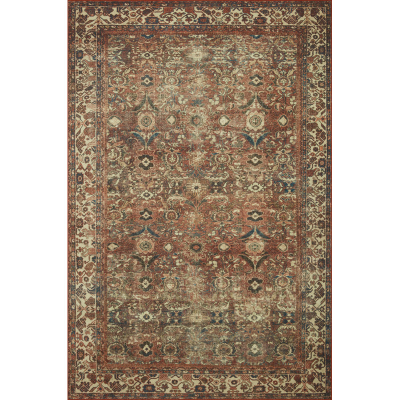 Brick and Ivory Vintage Washable Synthetic Area Rug 3'-6" x 5'-6"