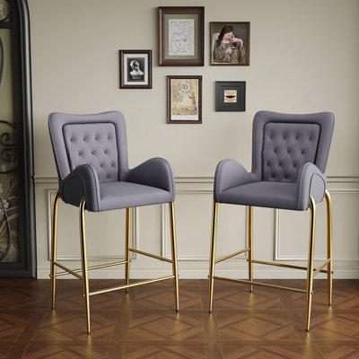 28.75Inch Counter Height Bar Stools Set Of 2, Bar Height Arm Chairs, Velvet Fabric Stools With Golden Legs And Footrests,Gray