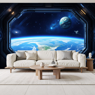Peel and Stick Wallpaper Space View Earth from Futuristic Spacecraft Window Planets Stars Wall Murals 69"H x 96"W Removable PVC Wall Paper Self-Adhesive Wall Decor for Bedroom Living Room Home Office
