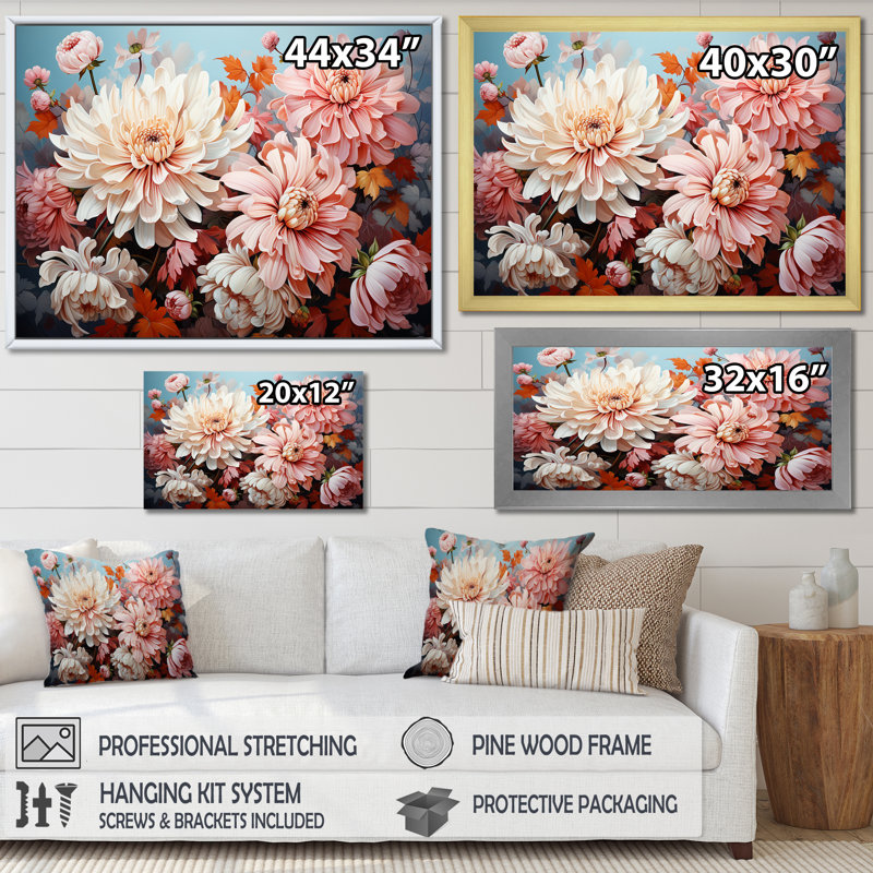 Chrysanthèmes - collage rose et blanc - impression, H 12 po x l 20 po x P 1 po, Cadre simple blanc