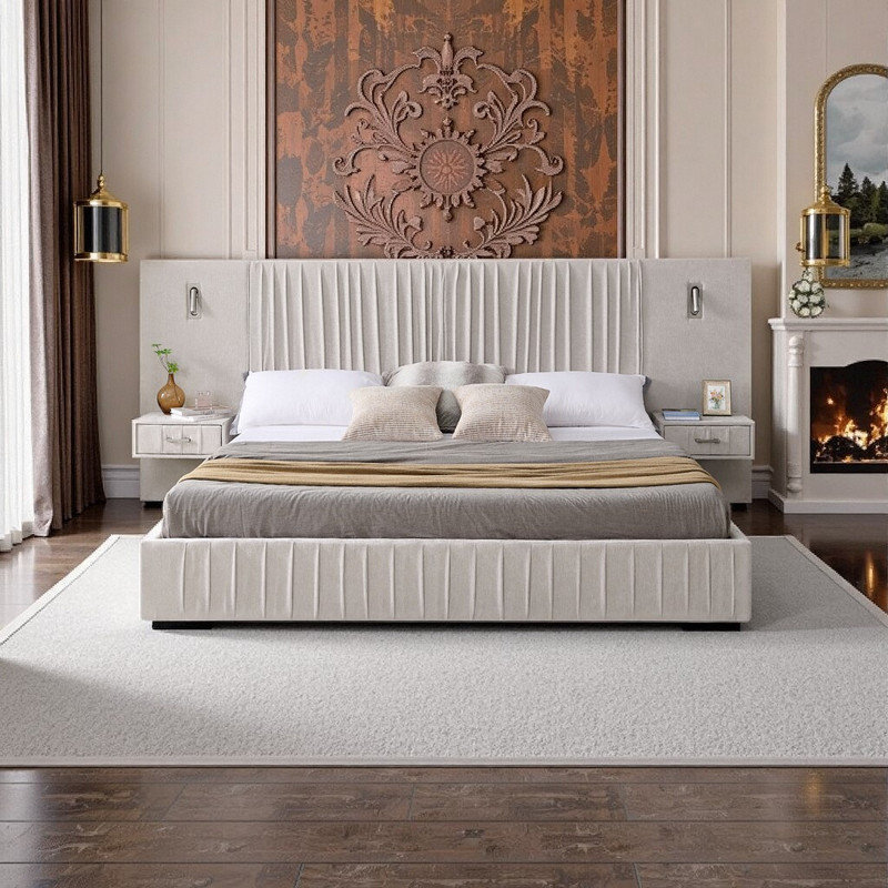 King Size Upholstered Platform Bed with Headboard, Built-in Nightstands & Adjustable Lamps, Beige