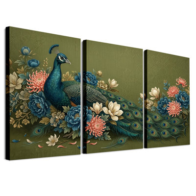 Ensemble de 3 toiles murales représentant un paon aux fleurs bleues et roses sur fond vert