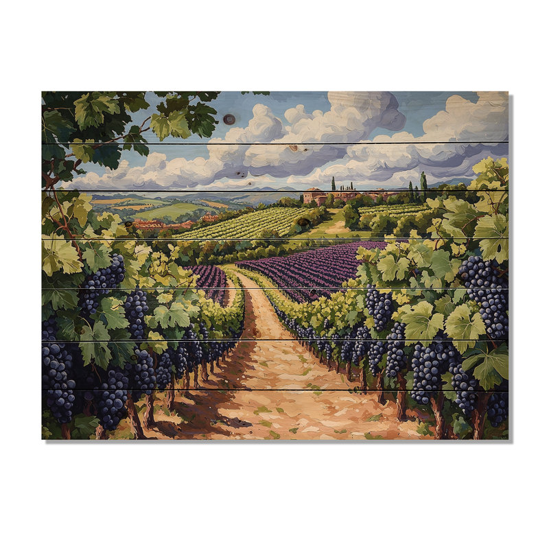 Vineyard In California Summer I - Décoration murale en bois de vigne - sur bois de pin naturel, H 30 po x l 40 po x P 0,78 po